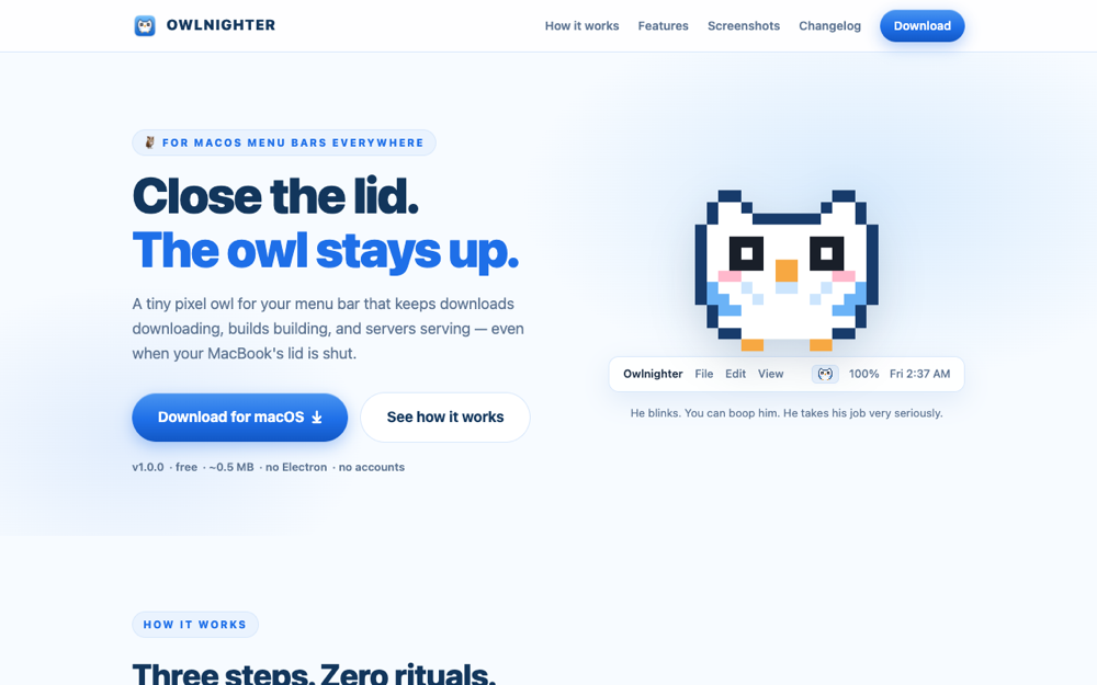 Owlnighter — a pixel owl that keeps your Mac awake